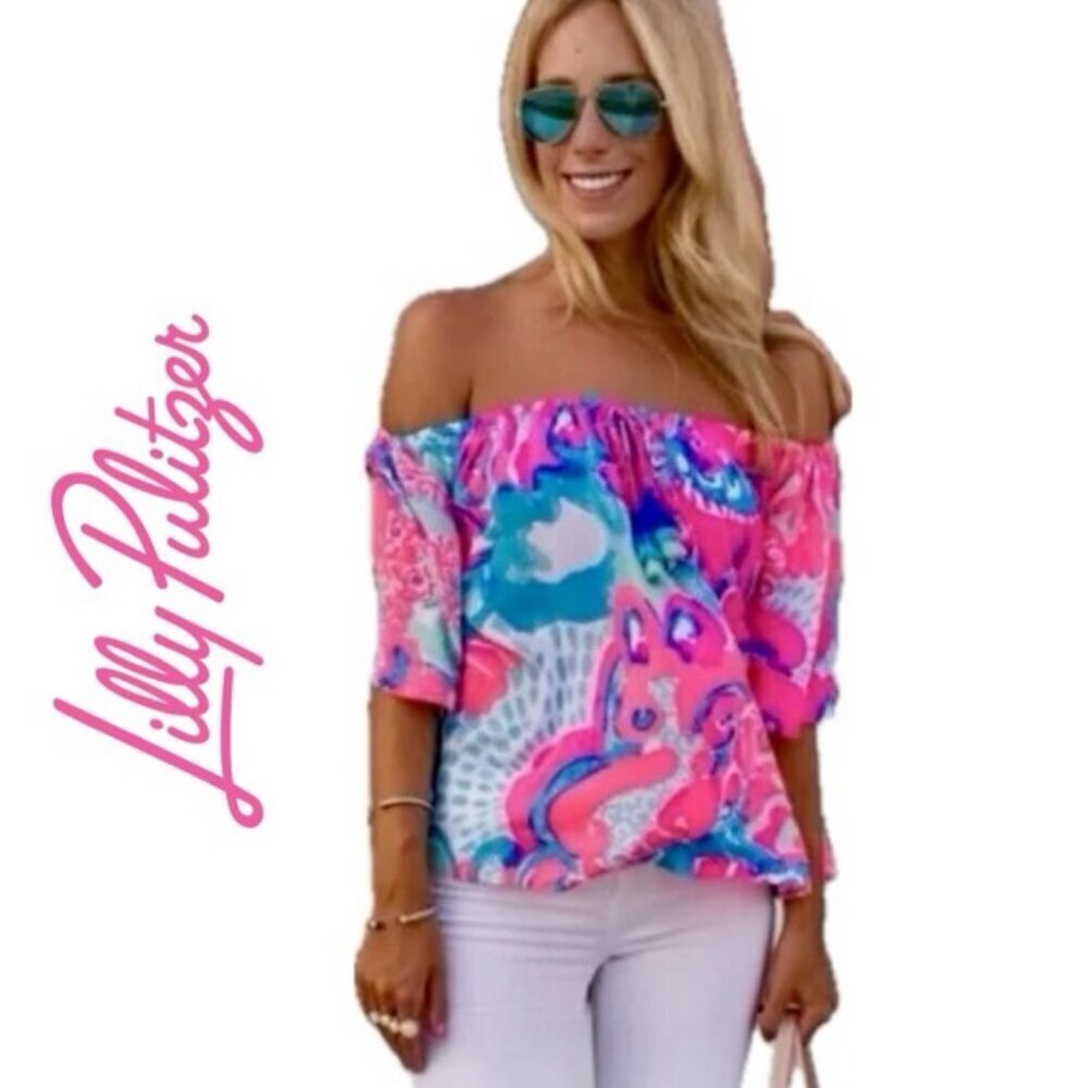 LILLY PULITZER BLOUSE SAINOFF SHOULDER SZ S HOT PINK/ TURQUOISE VERSATILE